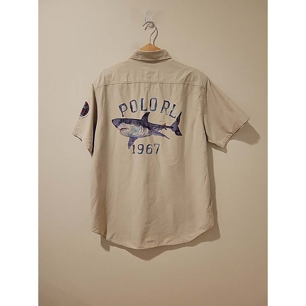 Vintage Polo Ralph Lauren Shirt Men's M Ocean Camp Shark Fishing Safari Patch